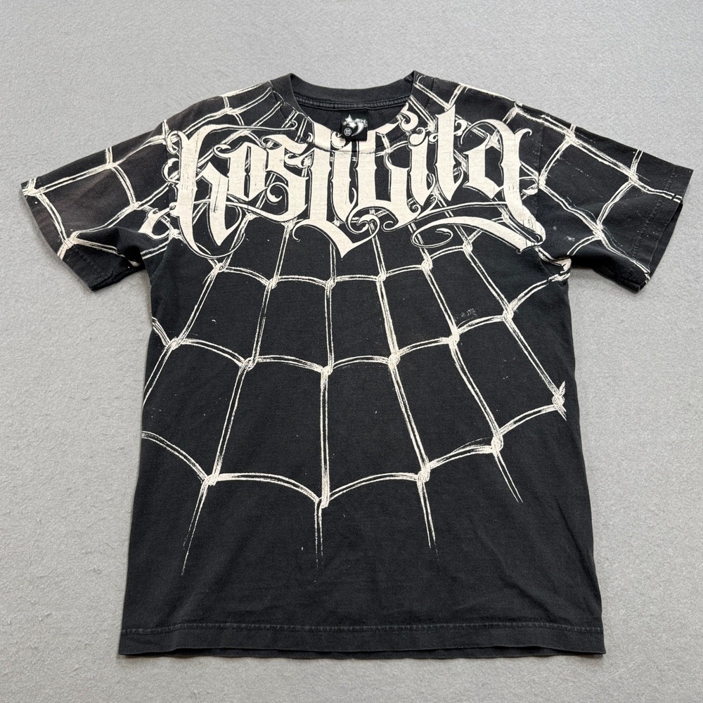 Y2K Hostility Graphic T-Shirt Men's Medium Black Spider Web Streetwear Grunge